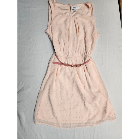 Elle Dress Womens Small Coral Pink Fit & Flare Sleeveless Dotted Belted (A24) - Picture 1 of 9